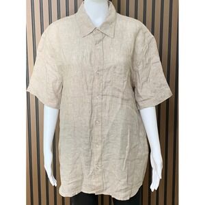 Thom Aaron Mens XL Linen Short Sleeve Button Down Shirt Beige Oatmeal Casual